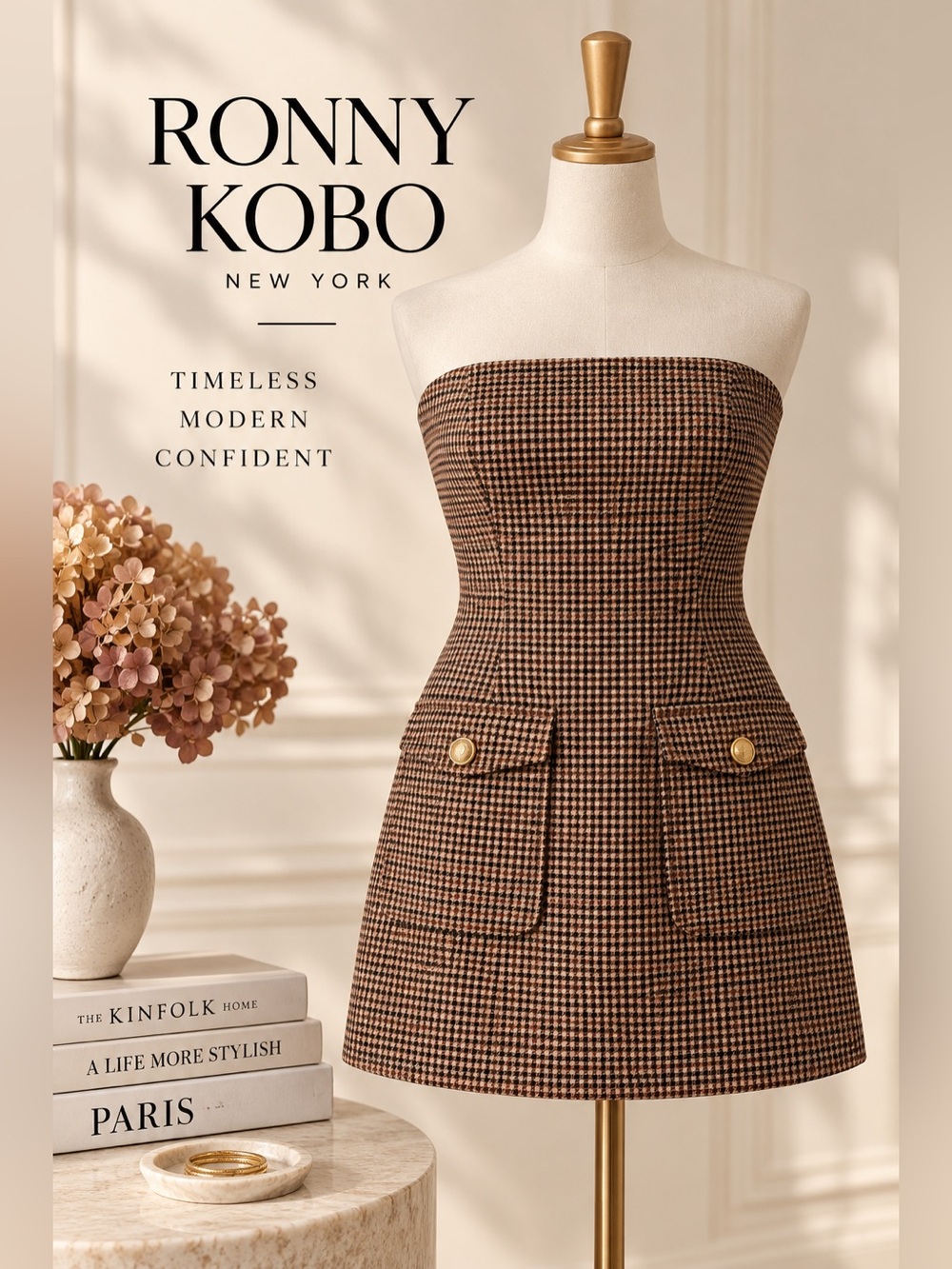 Ronny Kobo Cinnamon Multi Houndstooth Strapless Mini Dress Size M NWT